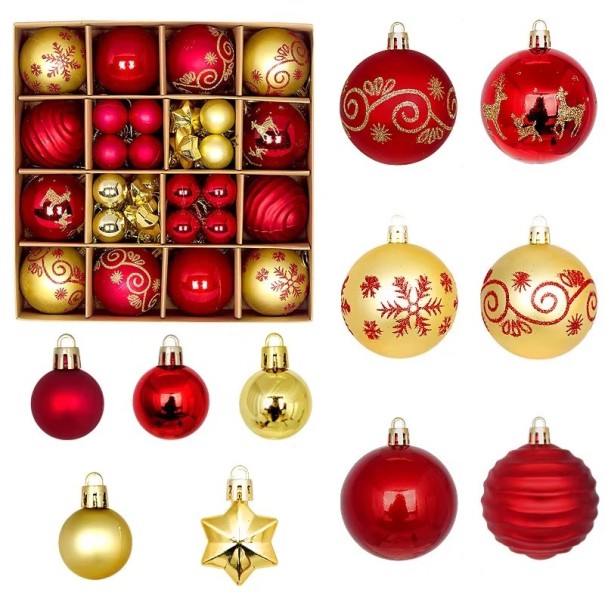 Set de Crăciun 44 bucăți ornamente 3 - 6 cm Bile și stele roșii aurii pentru brad Diverse dimensiuni pentru decorarea festivă 1