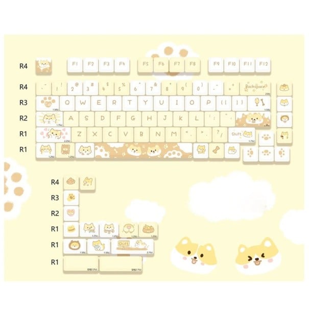 Set de keycaps cu motive cartoon 95 buc PBT profil MOA galben alb pentru tastatură mecanică de gaming și birou