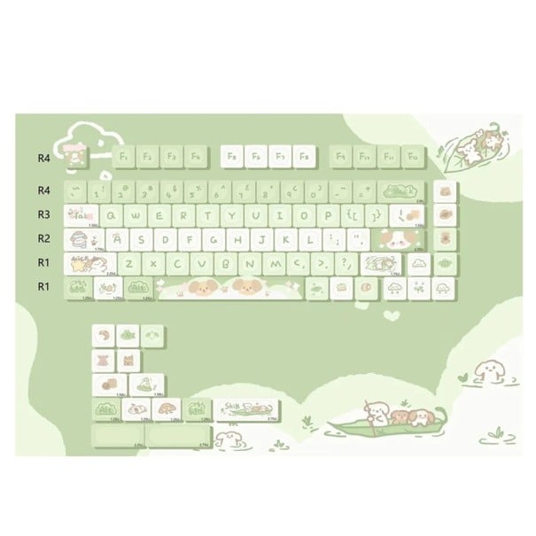 Set de keycaps cu motive cartoon 95 buc PBT profil MOA verde alb pentru tastatură mecanică de gaming și birou