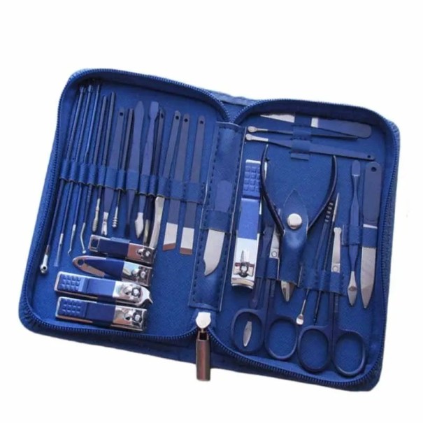 Set de manicura y pedicura de acero inoxidable Herramientas multifuncionales para uñas de manos y pies Set de tijeras de manicura, lima, cuchara para oídos, alicates, pinzas Set de herramientas en estuche de cuero 30 uds. azul