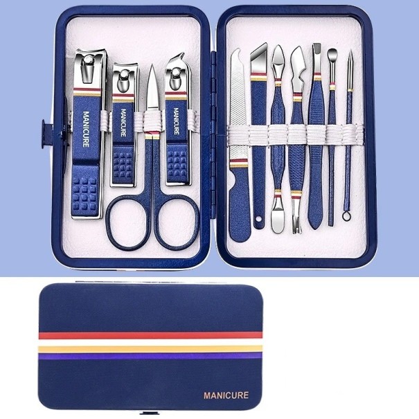 Set de manicura y pedicura profesional de acero inoxidable. Set de herramientas para el cuidado de rostro, pies, manos y uñas de los pies en estuche de cuero. Alicates, lima de uñas, cuchara para orejas, tijeras, pinzas 11 uds. azul