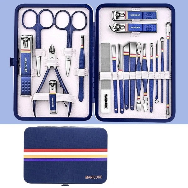 Set de manicura y pedicura profesional de acero inoxidable. Set de herramientas para el cuidado de rostro, pies, manos y uñas de los pies en estuche de cuero. Alicates, lima de uñas, cuchara para orejas, tijeras, pinzas 19 uds. azul