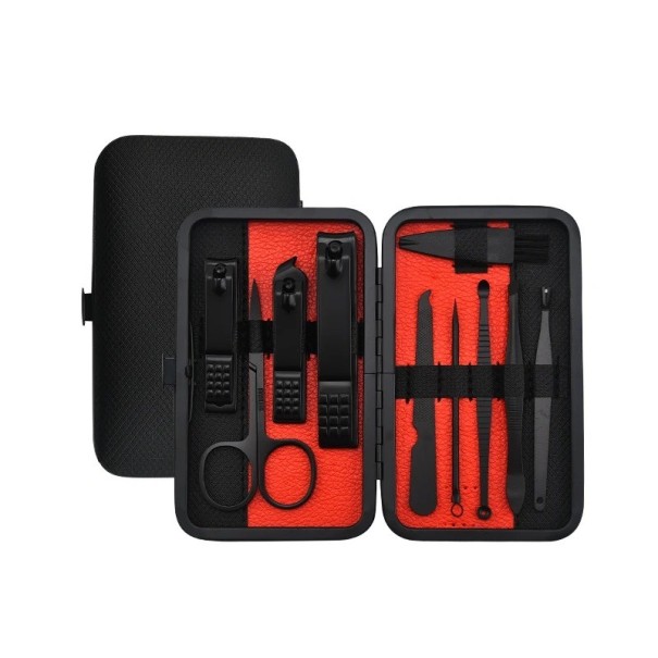 Set de manucure et pédicure dans un étui en cuir noir Set d'outils pour le soin des ongles des pieds, des mains et du visage Coupe-ongles, lime, ciseaux à manucure, pince à épiler, cuillère auriculaire Set de voyage pour ongles en acier inoxydable 10 pièces 1