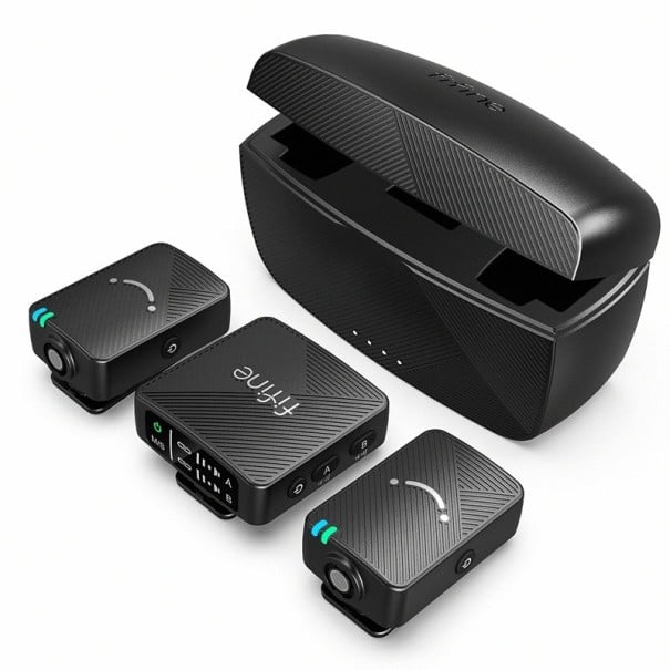 Set de microfoane lavalieră wireless 2 bucăți cu receptor 48 kHz și 16 biți, rază 50 m, autonomie 30 ore cu carcasă de încărcare pentru vloguri negru