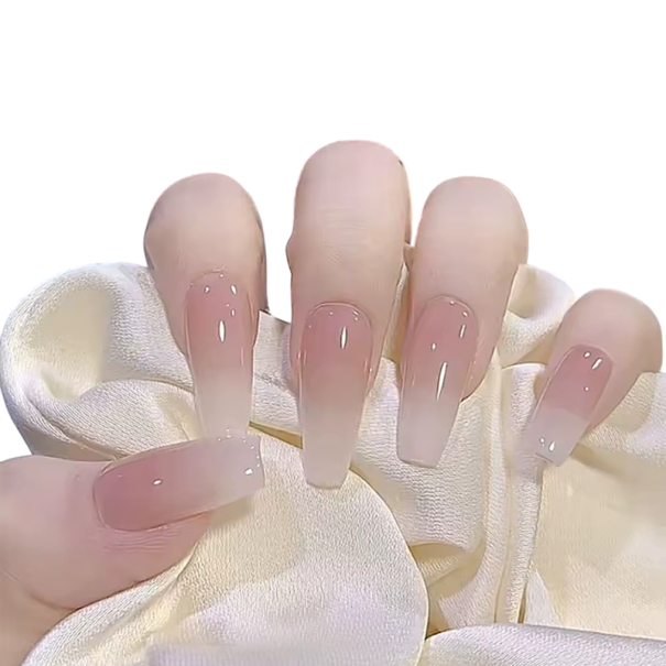 Set de ombré natural 24 unidades de uñas artificiales en forma coffin de longitud media Tips adhesivos de acrílico para manos para una manicura 1
