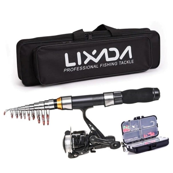 Set de pescuit Lixada cu undiță telescopică de 2,3 m și mulinetă din fibră de sticlă ABS inoxidabil echipament negru pentru pescuit în apă dulce și recreativ 1