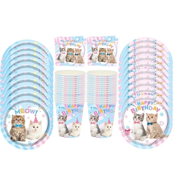 Set de petrecere Pisicuțe 50 buc Farfurii din hârtie 17,8 și 22,9 cm Căni Servetele Set albastru-roz cu fotografii de pisicuțe Veselă de unică 1