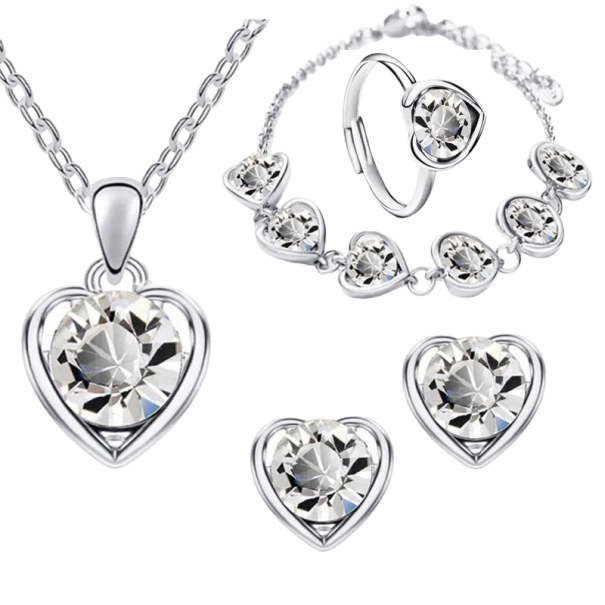 Set de regalo para mujer 4 piezas collar, pendientes, pulsera y anillo en forma de corazón plateado