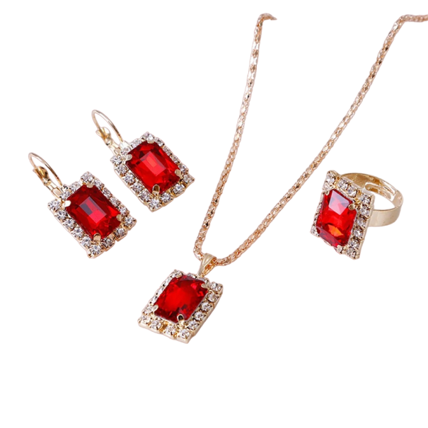 Set de regalo para mujer collar, pendientes y anillo rojo