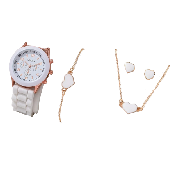 Set de regalo para mujer reloj, collar, pulsera y pendientes con corazón blanco