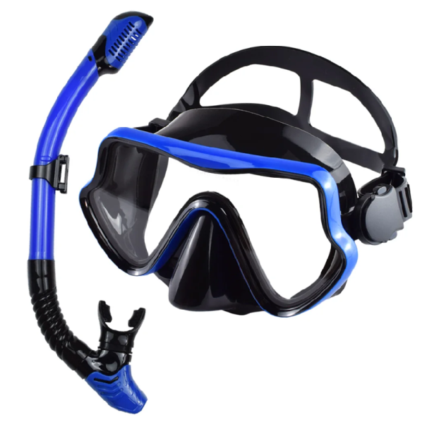 Set de snorkeling Ochelari 16,5 x 8,8 cm cu etanșare din silicon Sticlă securizată Snorkel 43 cm cu ventil Echipament de scufundare albastru