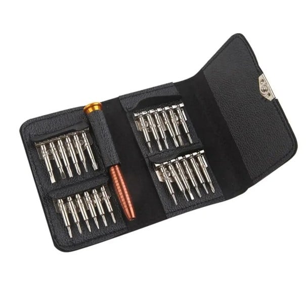Set de șurubelnițe de precizie 25 în 1 într-o husă de piele cu mâner metalic pentru repararea telefoanelor, ceasurilor, electronicelor și mecanicii 1