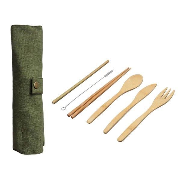 Set de tacâmuri de bambus 6 piese în husă din material textil Lingură, furculiță, cuțit, bețișoare și pai cu perie Pentru excursii în camping 1