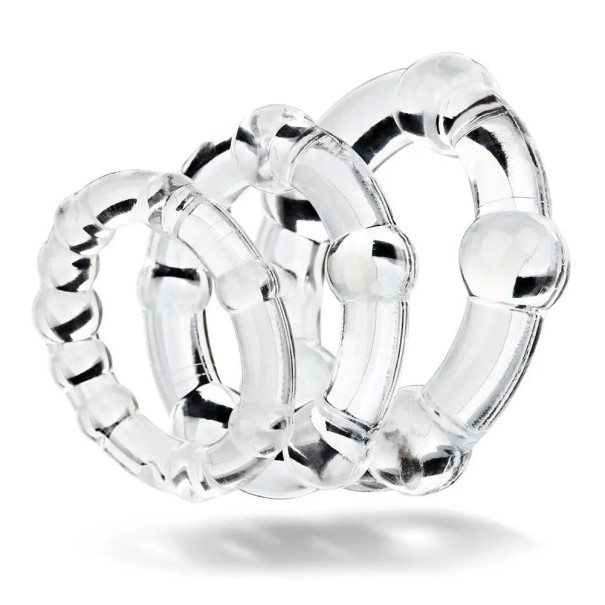 Set de tres anillos de estrangulamiento de silicona con diferentes tamaños y bolas estimulantes Embalaje discreto color transparente