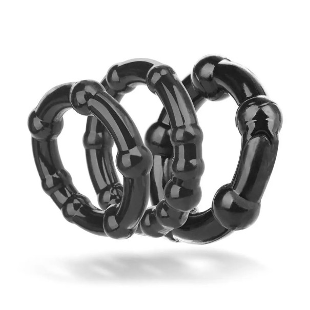 Set de tres anillos de estrangulamiento de silicona con diferentes tamaños y bolas estimulantes Embalaje discreto negro