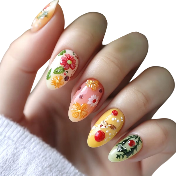 Set de uñas 24 uds 12 tamaños 25,6–18,3 mm Uñas de almendra brillantes con diseños coloridos Pegamento y cinta pulidora para uso doméstico 1