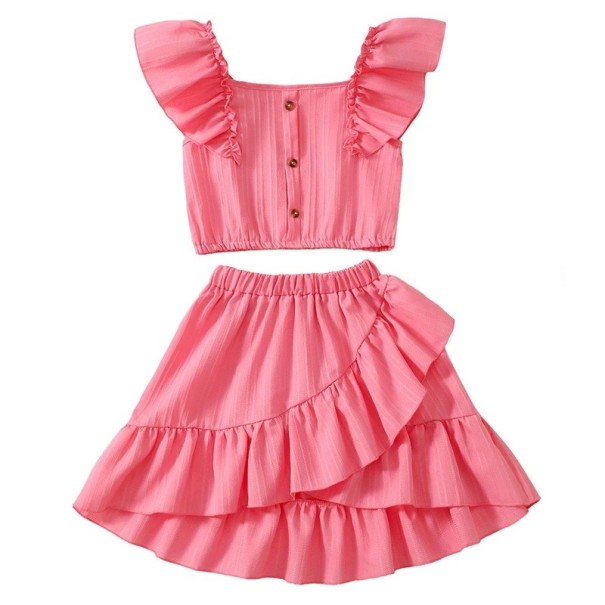Set de vară pentru fete Tricou cu mânecă scurtă și fustă Făcută cu volane Decolteu rotund cu nasturi Completu elegant pentru fete roz 8