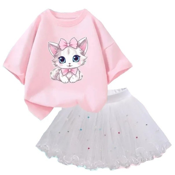 Set de vară pentru fetițe cu tricou cu mânecă scurtă și fustă albă cu decolteu rotund și imprimeu cu pisică din bumbac și poliester roz 12