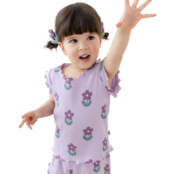 Set de vară pentru fetițe cu tricou cu mânecă scurtă și pantaloni scurți cu elastic, set mov cu imprimeu floral pentru fiecare zi 4