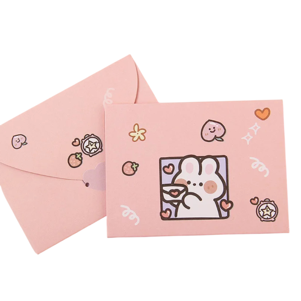 Set di 10 buste rosa con carta 9,6 × 7,2 cm con motivo di coniglietto e cuori 1