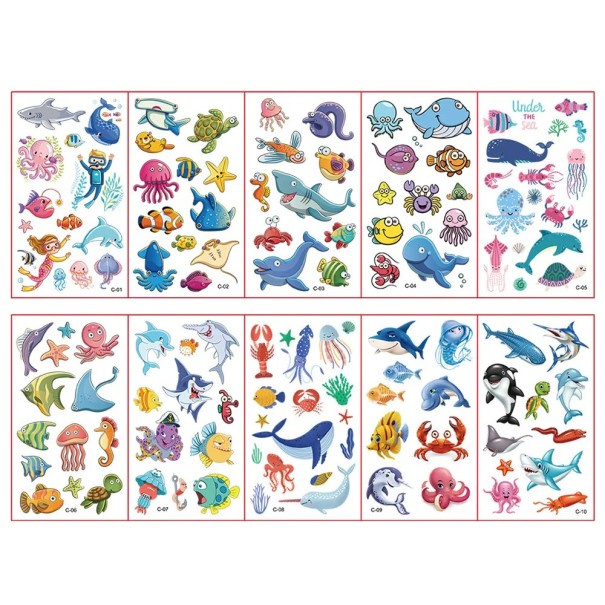 Set di 10 fogli di tatuaggi temporanei 12 x 7 cm con animali marini adesivi per bambini con pesci, delfini e motivi marini 1
