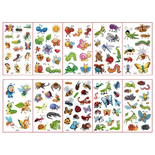 Set di 10 fogli di tatuaggi temporanei 12 x 7 cm insetti coleotteri farfalle coccinelle adesivi per tatuaggi per bambini motivi colorati 1