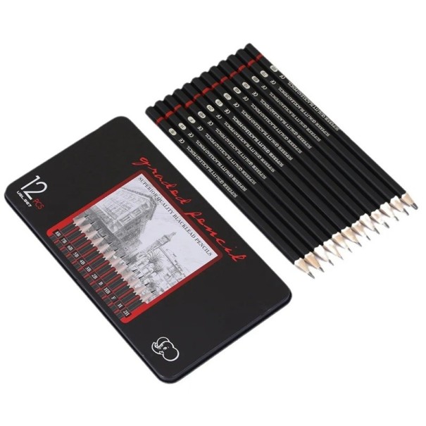 Set di 12 matite da disegno 2H-8B in scatola di metallo Matite artistiche in legno per scrivere e disegnare Articoli scolastici e da ufficio Diario 1