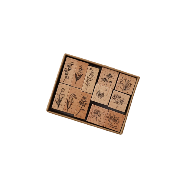 Set di 12 timbri in legno con motivi floreali 70 x 90 x 30 mm Gomma per timbri Scatola regalo Creazione manuale Scrapbooking 1