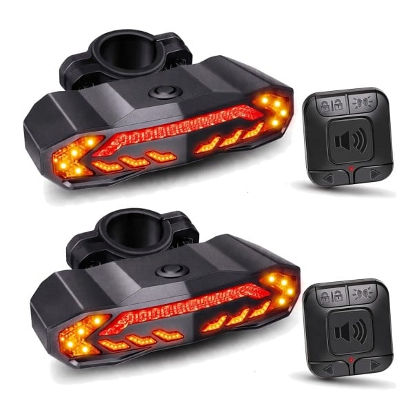 Set di 2 luci posteriori per bicicletta con indicatori e allarme 110 dB 2 comandi wireless quadrati Luce di freno USB-C 2000 mAh IPX6 Nera 1