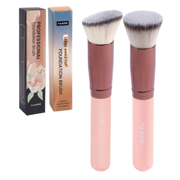 Set di 2 pennelli per trucco Kabuki Pennello piatto e pennello angolato per cipria e fard Pennelli cosmetici con setole sintetiche morbide per il trucco rosa