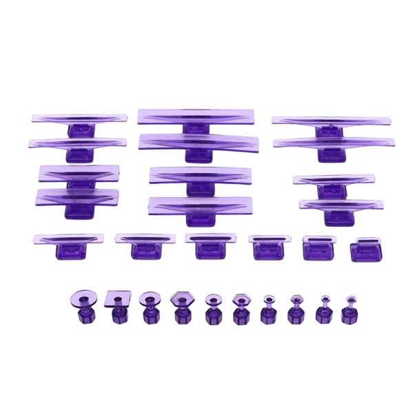 Set di 28 pezzi di ganci di traino per la riparazione di ammaccature PDR con adattatori in nylon di diverse dimensioni compatibili con il gancio viola