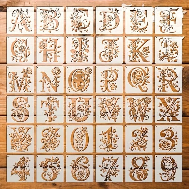 Set di 36 pezzi di stencil in plastica lettere e numeri design floreale 10x10 cm PET riutilizzabili per pittura decorativa del testo 1