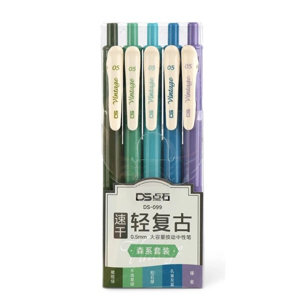 Set di 5 penne gel verde-blu 0,5 mm Vintage articoli per scrittura Retrattile inchiostro a asciugatura rapida Disegno Pianificazione Ufficio 145 mm 1
