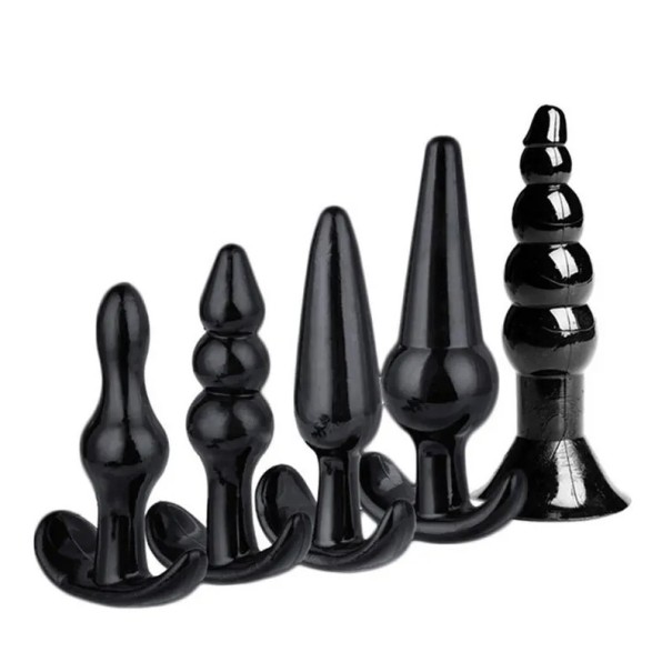 Set di 5 plug anali in silicone di forme diverse superficie liscia design ergonomico facile manutenzione confezione discreta nero