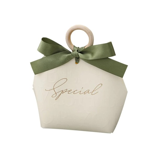 Set di 5 sacchetti regalo in carta 10,5×9×5 cm con anello in legno e nastro, confezione elegante per piccoli oggetti 1