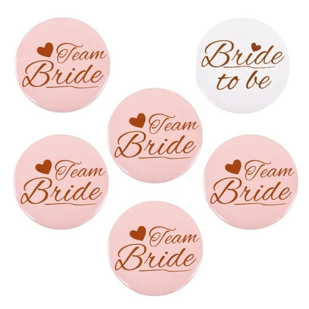 Set di 6 distintivi per addio al nubilato 1× Sposa 5× Squadra della sposa Decorazioni per festa di matrimonio 1