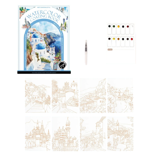 Set di acquerelli per dipingere con motivi di città e paesaggi europei 18,6 × 14,2 cm pennello ad acqua 12 colori fogli pre-stampati da viaggio 1