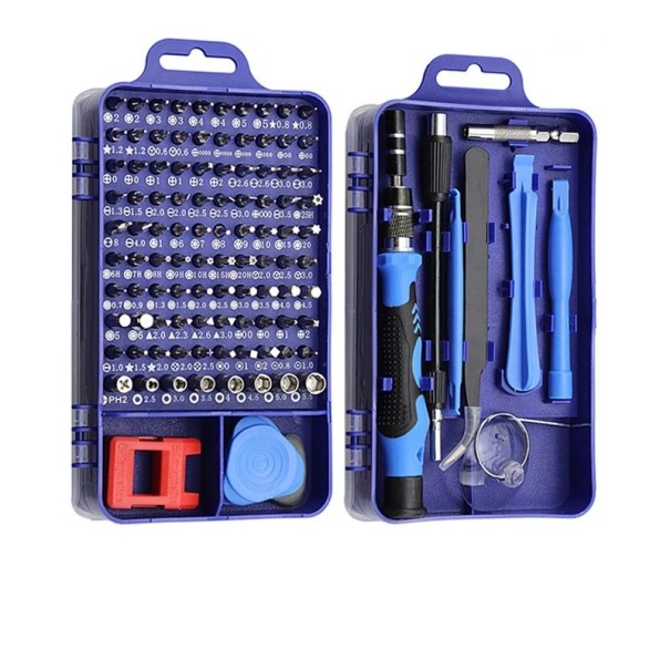 Set di attrezzi 115 in 1 per riparazioni di telefoni cellulari e piccole elettroniche Cacciaviti precisi Pinzetta Ventosa Leveraggi Strumenti blu