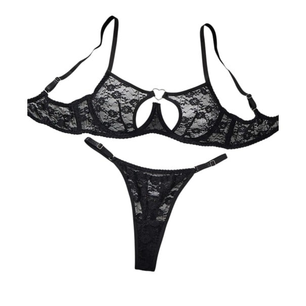 Set di biancheria intima da donna con reggiseno in pizzo con ferretto e cuore metallico al centro e perizoma con spalline regolabili ai lati nero S