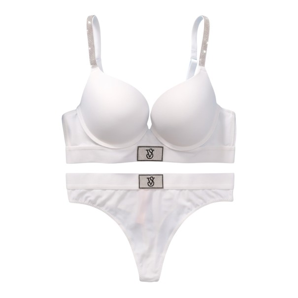 Set di biancheria intima da donna con reggiseno push up con spalline di strass e applicazione decorativa e perizoma con vita alta bianco 80C