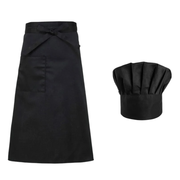 Set di cappello da cuoco e grembiule con tasca in poliestere abbigliamento da lavoro per cucina per cuochi utilizzo gastronomico nero