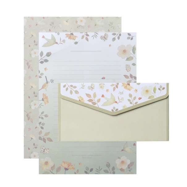 Set di carta da lettere e buste 14 x 21 cm 6 fogli di carta 8,5 x 16,5 cm 3 buste fiori uccelli foglie verde set da scrittura 1