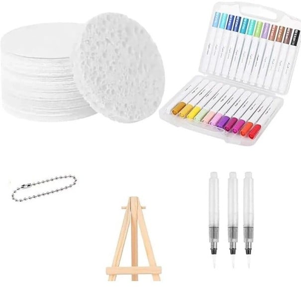 Set di carta spugnosa a forma di cerchio di circa 6,5 cm + 12 pennarelli, pennelli ad acqua, supporto e catenina per carta da disegno 3D per pittura fai da te 1