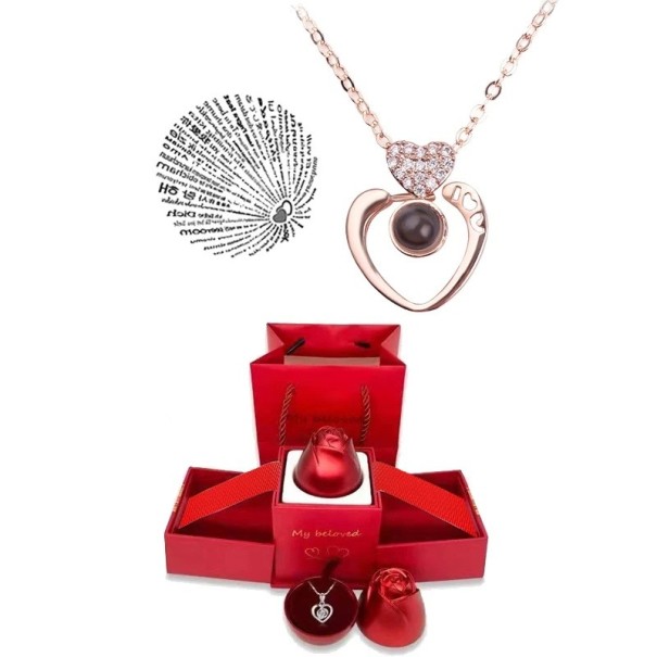 Set di collana proiettiva a forma di cuore con catena in titanio Proiezione Ti amo in 100 lingue Scatola regalo a forma di rosa Rose gold