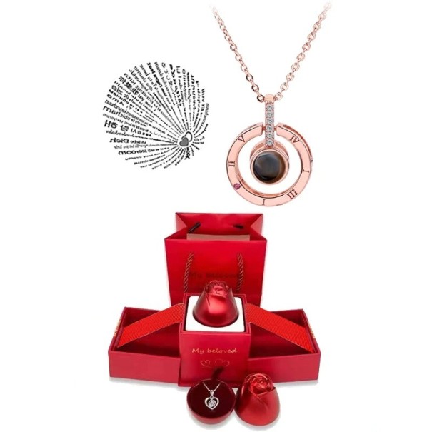 Set di collana proiettiva con catena in titanio Proiezione Ti amo in 100 lingue Scatola regalo a forma di rosa Regalo romantico Rose gold