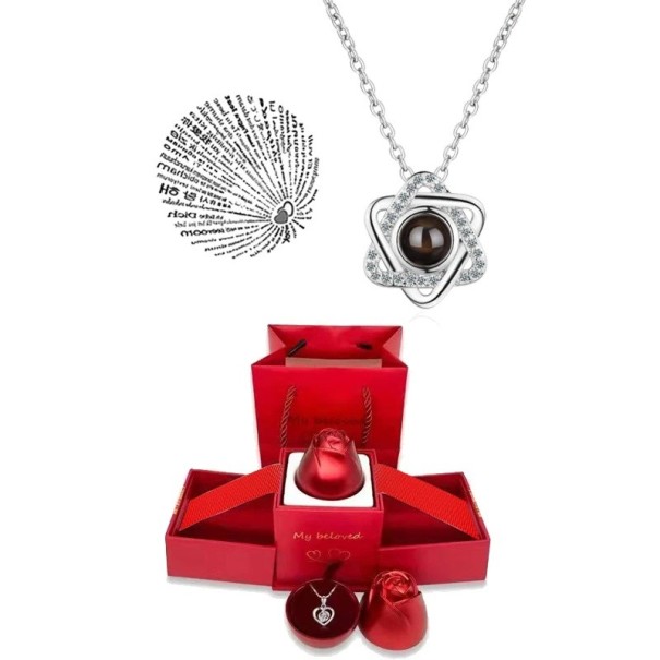 Set di collana proiettiva con collana in titanio Proiezione Ti amo in 100 lingue Scatola regalo a forma di rosa Regalo romantico argento