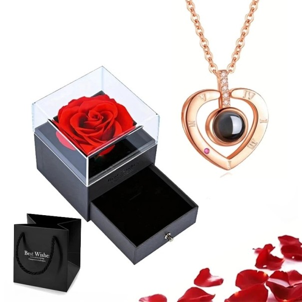 Set di collana proiettiva con proiezione Ti amo in 100 lingue Scatola con rosa Collana in titanio Ciondolo in rame a forma di cuore oro