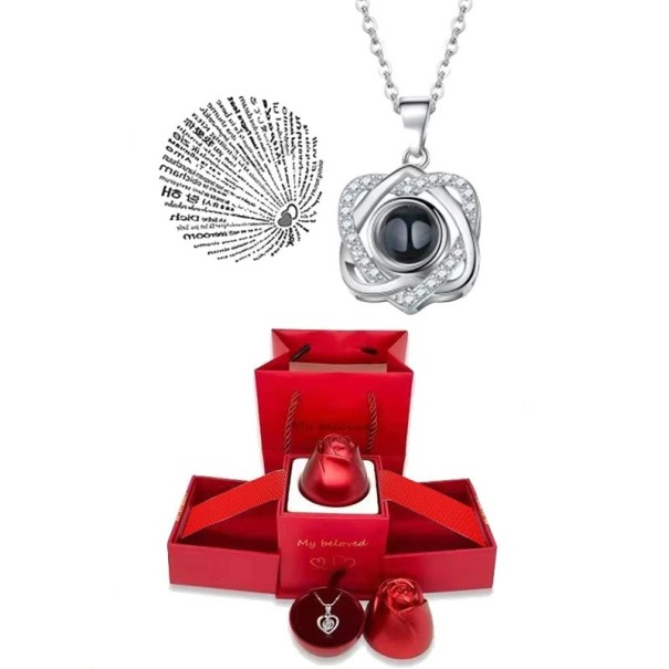 Set di collana proiettiva Cuori uniti Collana in titanio Ciondolo in rame Proiezione Ti amo in 100 lingue Scatola a forma di rosa argento