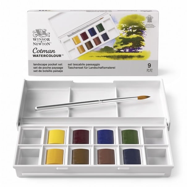Set di colori ad acquerello 9 pz Mezze pastiglie in scatola da tasca con palette Alta resistenza alla luce e trasparenza Toni paesaggistici Inclusa pennello 1