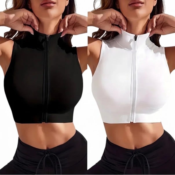 Set di due pezzi da donna di top sportivi crop top aderenti senza maniche con chiusura a zip su tutta la lunghezza in nero e bianco M